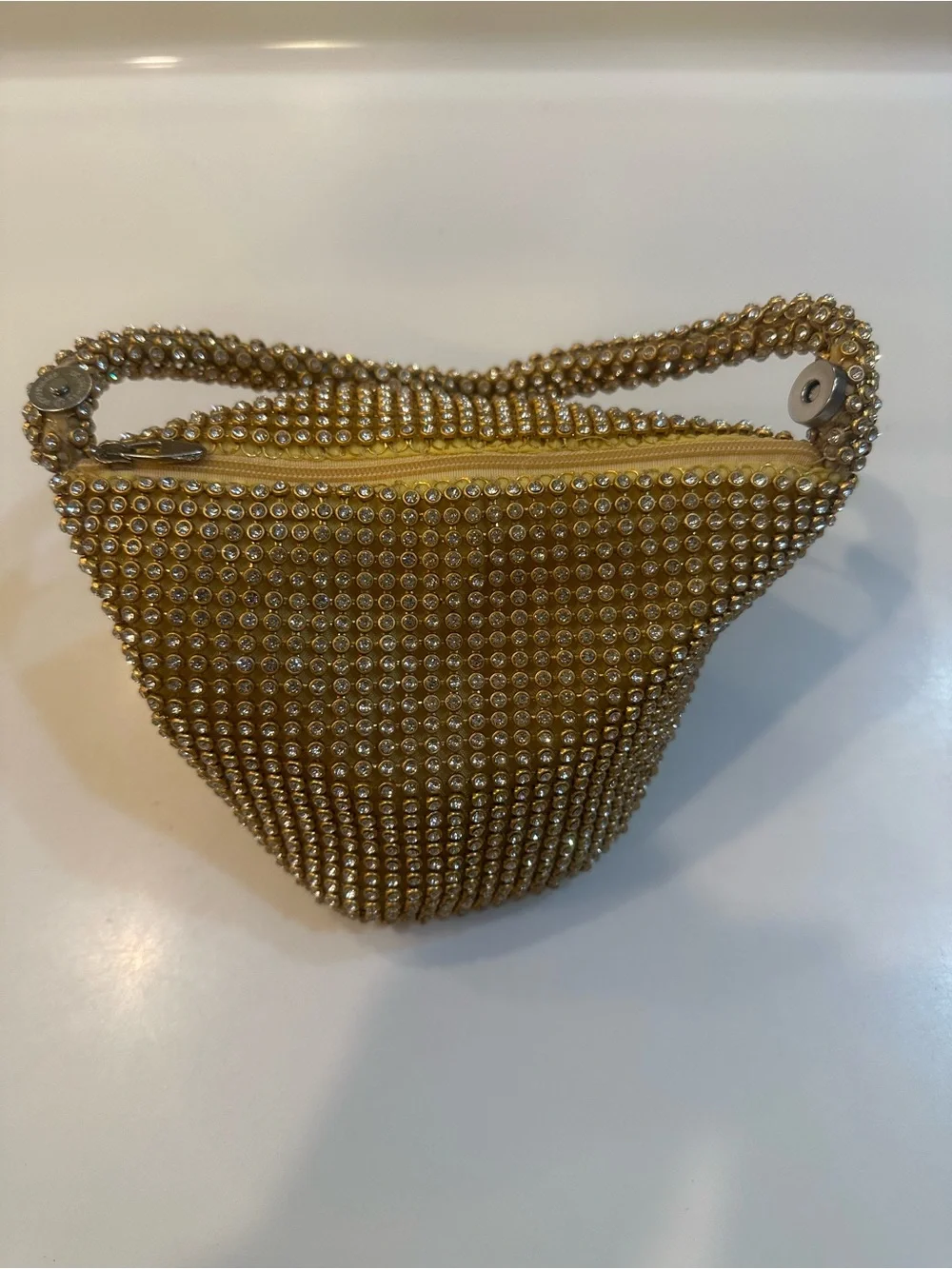 Gold Rhinestone Mini Wristlet Handbag Crystal Mesh Evening Clutch Zip Snap 7x5